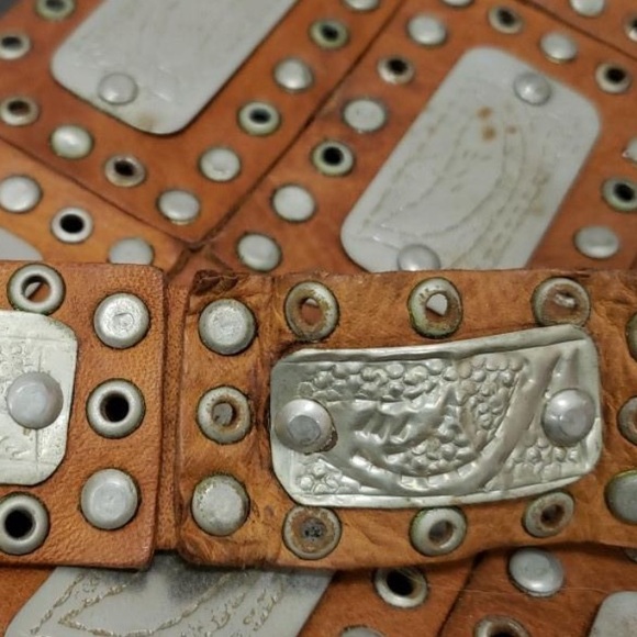 Vintage Studded Leather Crossbody Tote Bag w/Metal Tag Embellishments - Picture 6 of 6